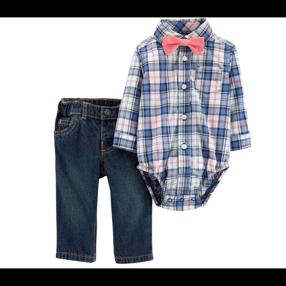 Carter’s baby boy plaid bodysuit jeans & bow tie